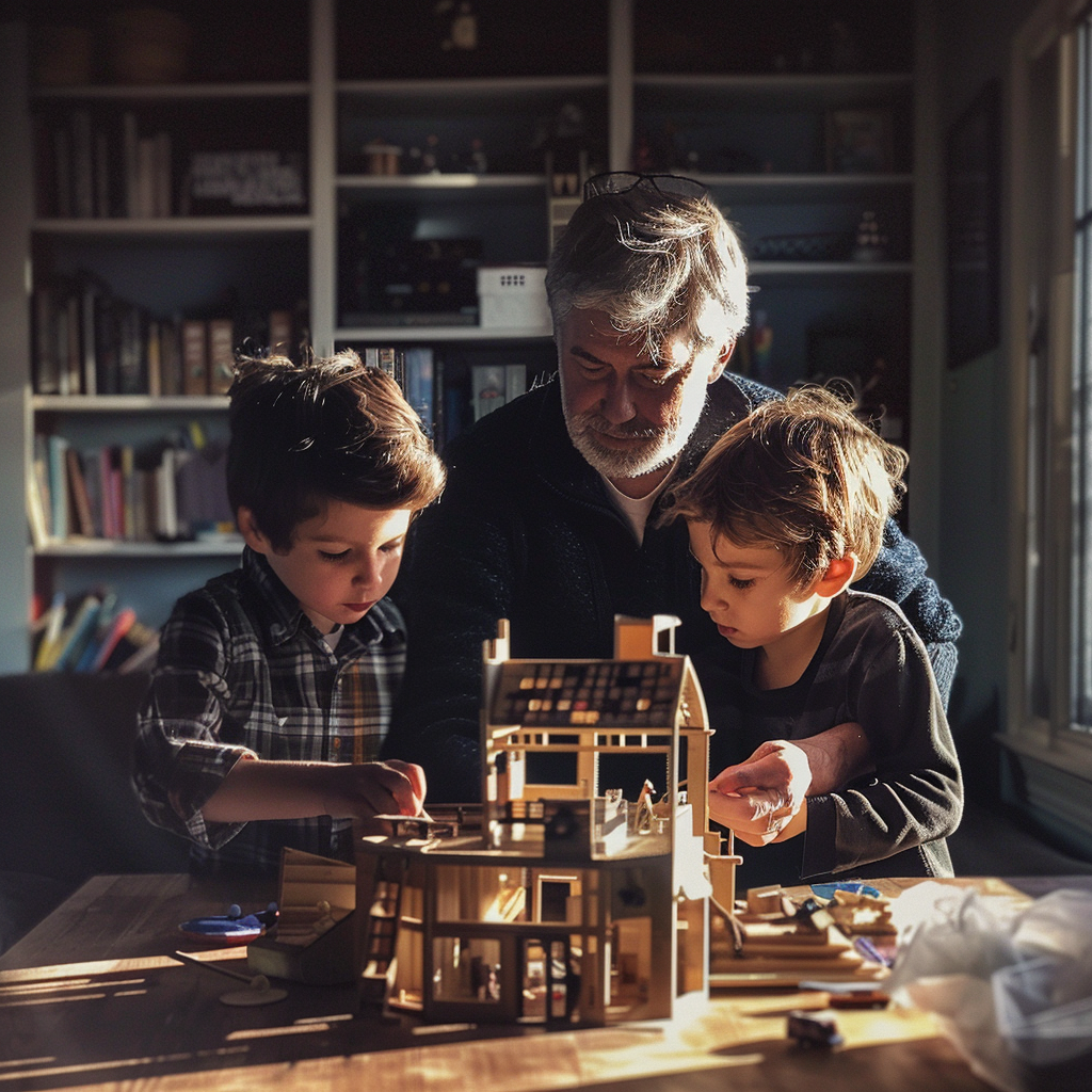Un homme et deux petits garçons construisent une maison de poupée | Source : Midjourney