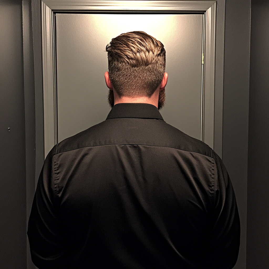 Un homme debout devant la porte d'un bureau | Source : Midjourney