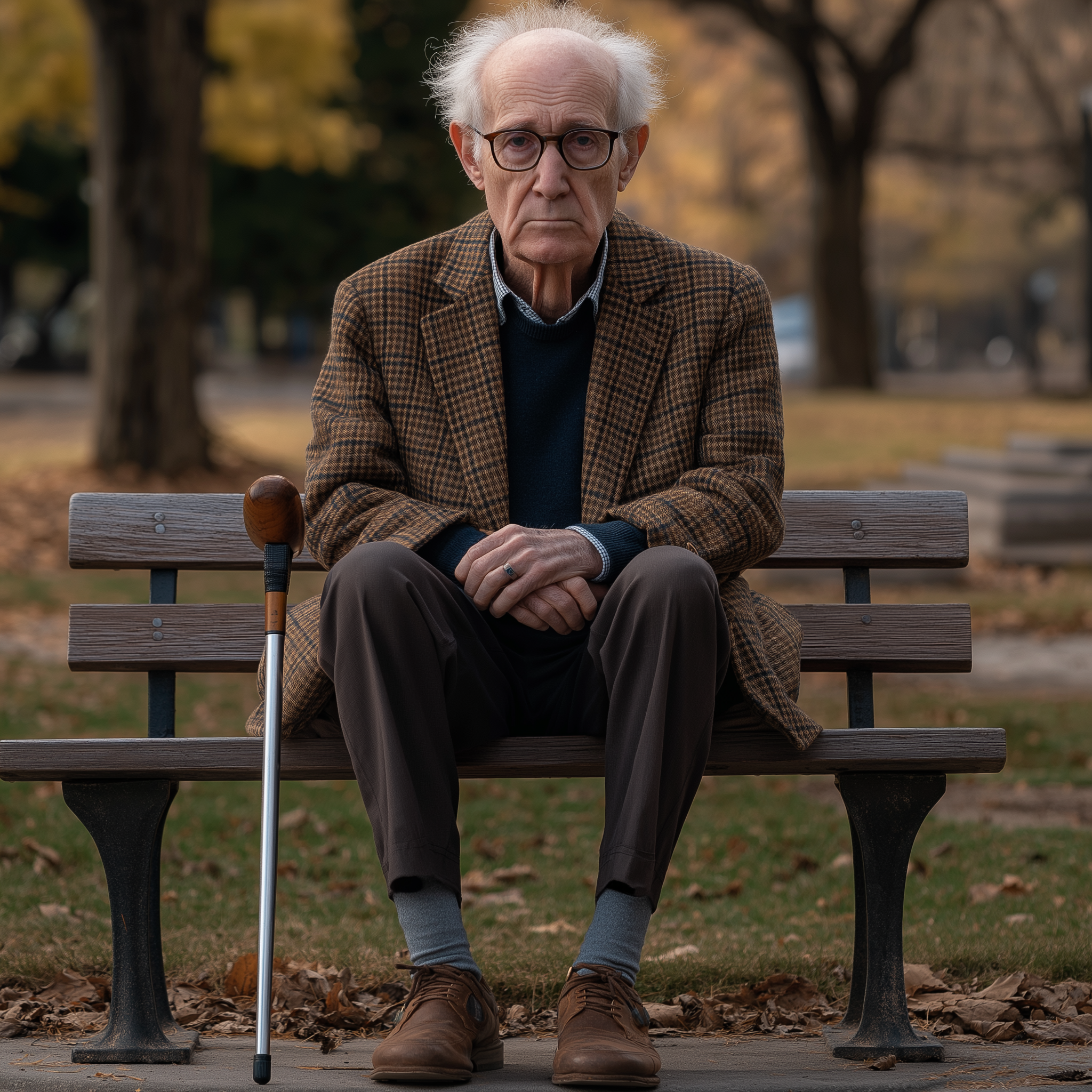 Un homme âgé à l'air triste et fragile assis dans un parc | Source : Midjourney