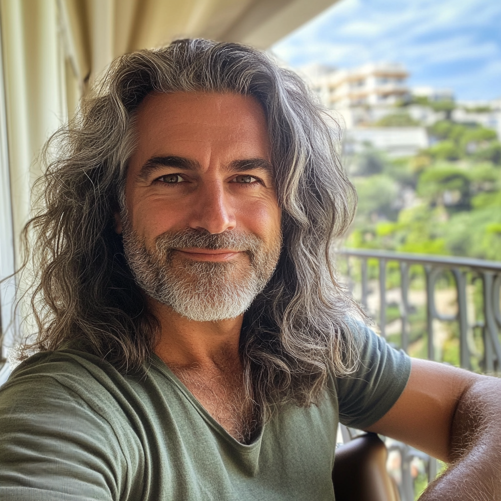 Un homme souriant assis sur un balcon | Source : Midjourney