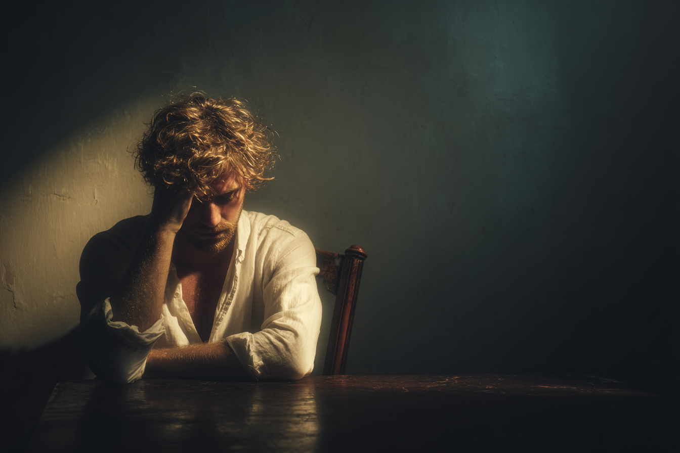 Un homme assis à une table qui repose sa tête dans une main | Source : Midjourney
