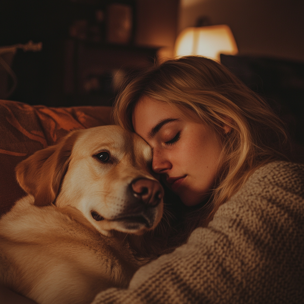 Un chien se blottit contre une femme | Source : Midjourney