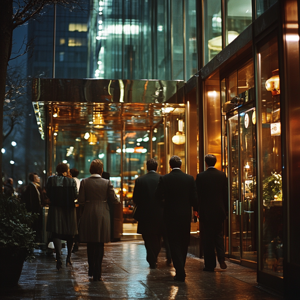 Un groupe de personnes quittant un restaurant chic | Source : Midjourney