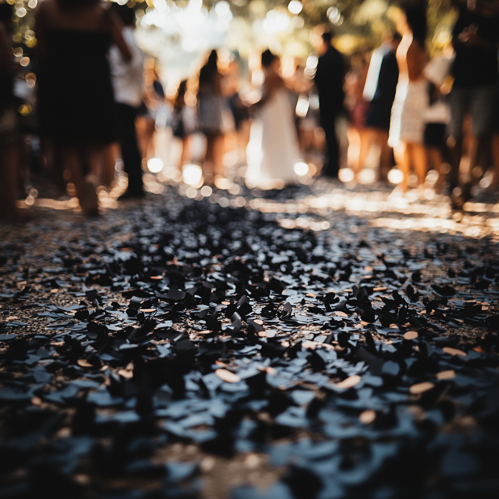 Confettis noirs sur le sol lors d'une fête en plein air | Source : Midjourney