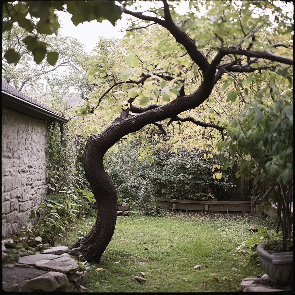 Un arbre tordu qui pousse dans une arrière-cour | Source : Midjourney