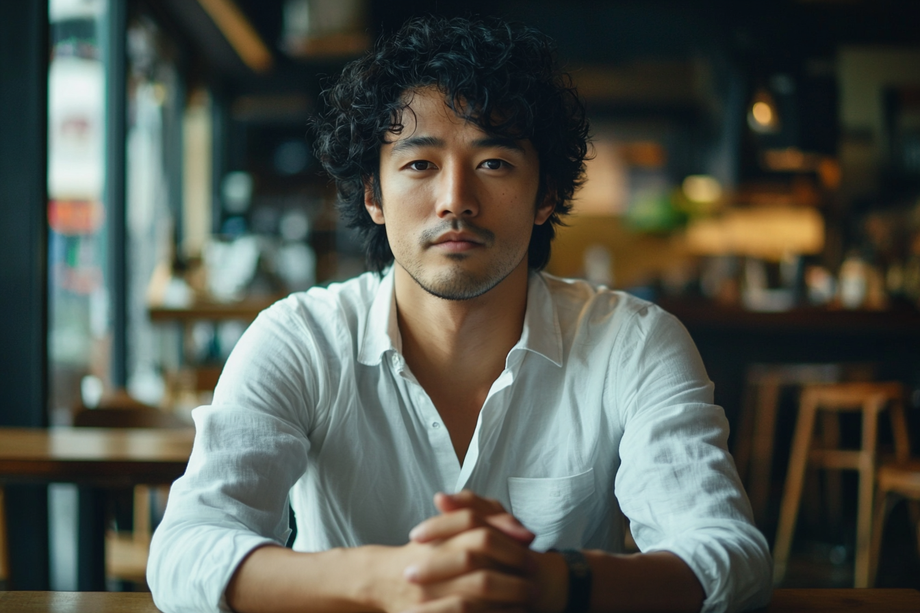 Un homme assis dans un café, les mains croisées, l'air sérieux | Source : Midjourney