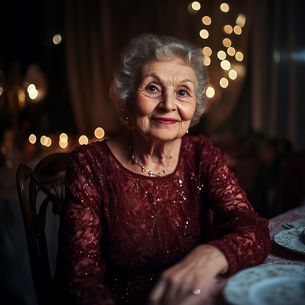 Une femme souriante assise à la table | Source : Midjourney