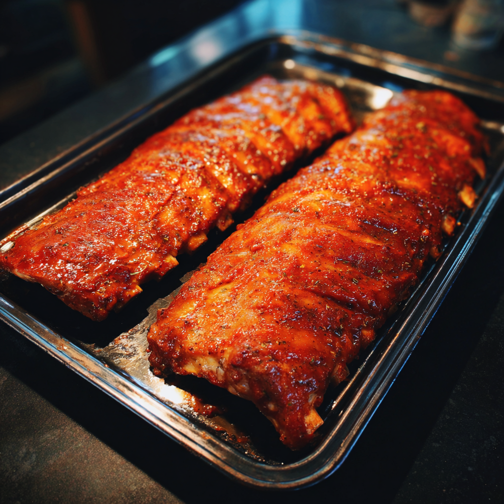 Travers de porc marinés sur un plateau | Source : Midjourney