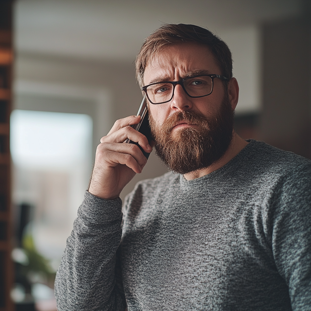 Un homme sérieux qui parle au téléphone | Source : Midjourney