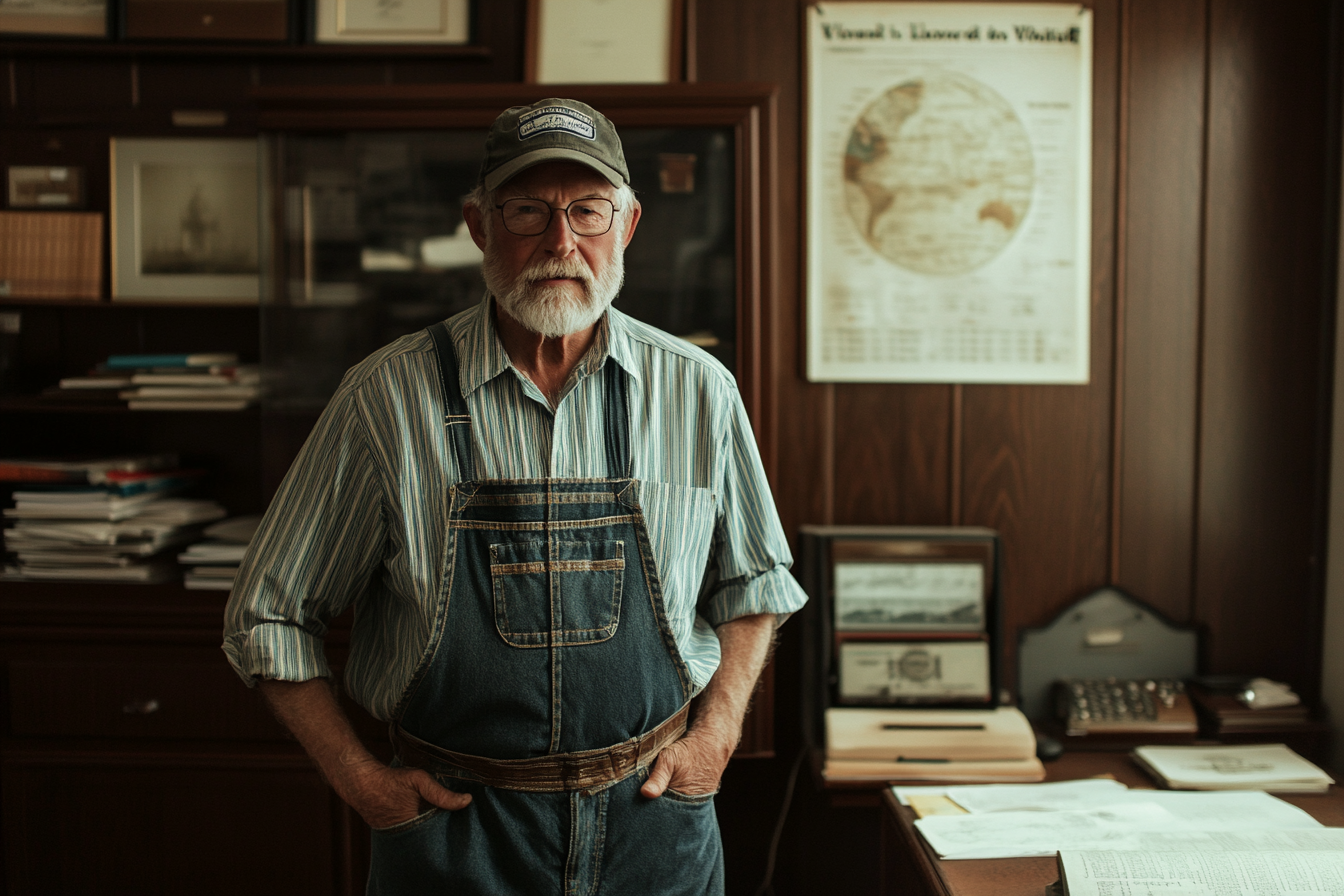 Un agriculteur debout dans le bureau d'un avocat | Source : Midjourney