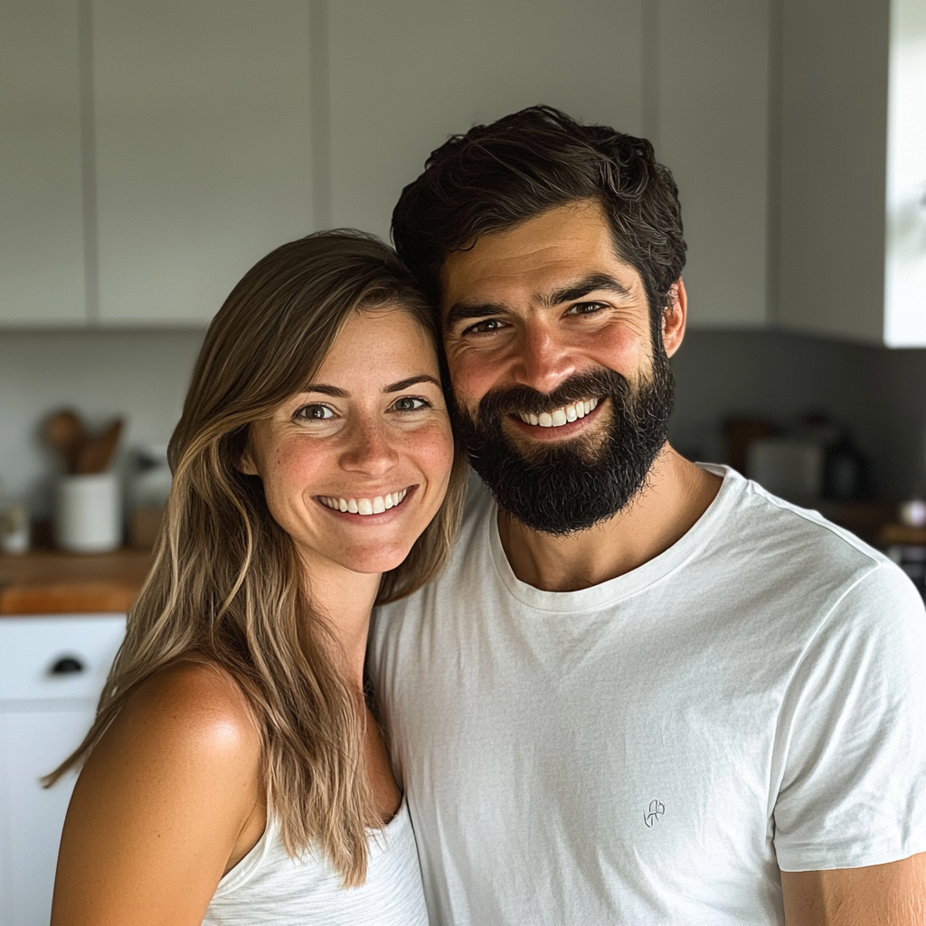 Un couple souriant debout dans une cuisine | Source : Midjourney