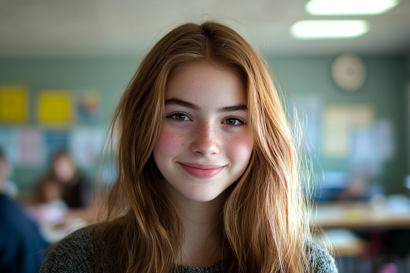 Une adolescente souriante dans une salle de classe | Source : Midjourney