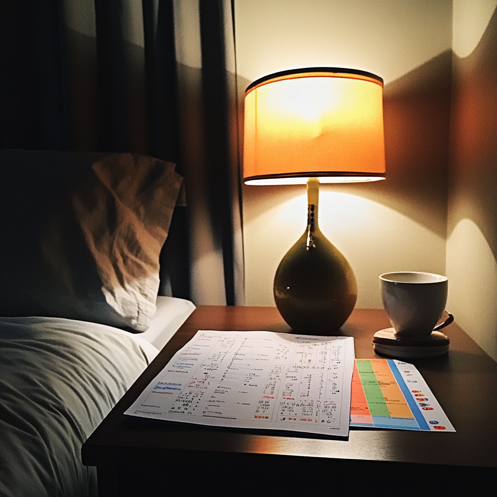 Une feuille de papier avec un code couleur sur une table de nuit | Source : Midjourney