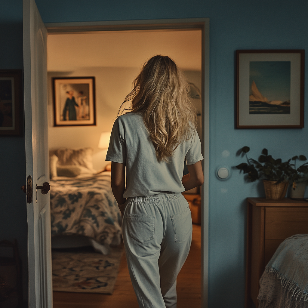 Une femme fatiguée qui entre dans sa chambre à coucher | Source : Midjourney