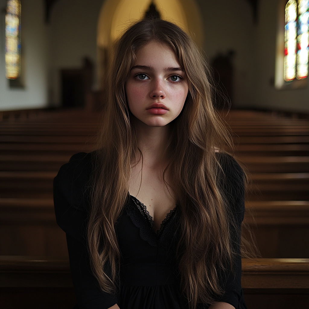 Une adolescente bouleversée assise dans une église | Source : Midjourney