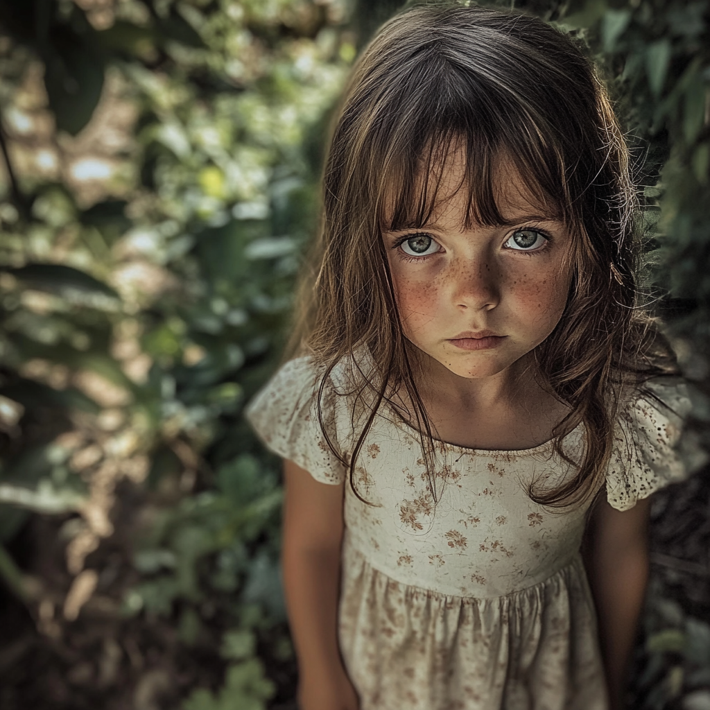 Petite fille épuisée debout dans le jardin | Source : Midjourney