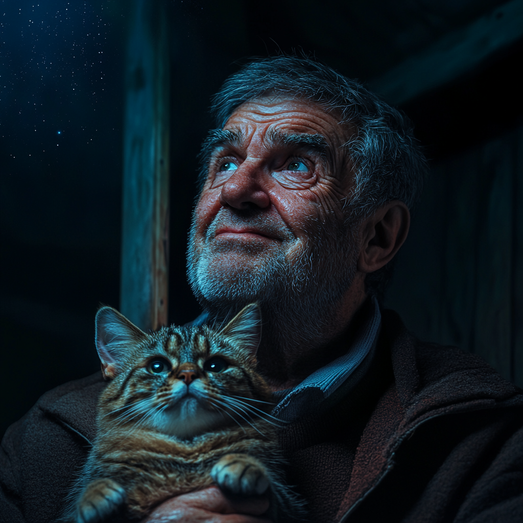 Un homme âgé désespéré tenant son chat de compagnie et regardant le ciel étoilé | Source : Midjourney