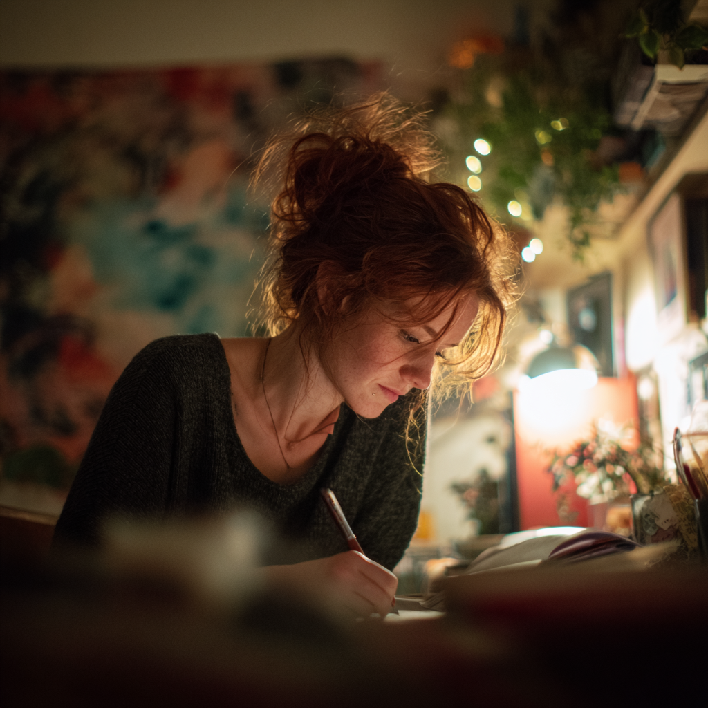 Une femme qui écrit dans un cahier | Source : Midjourney