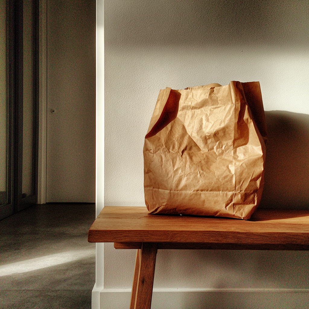 Un sac en papier brun sur un banc | Source : Midjourney