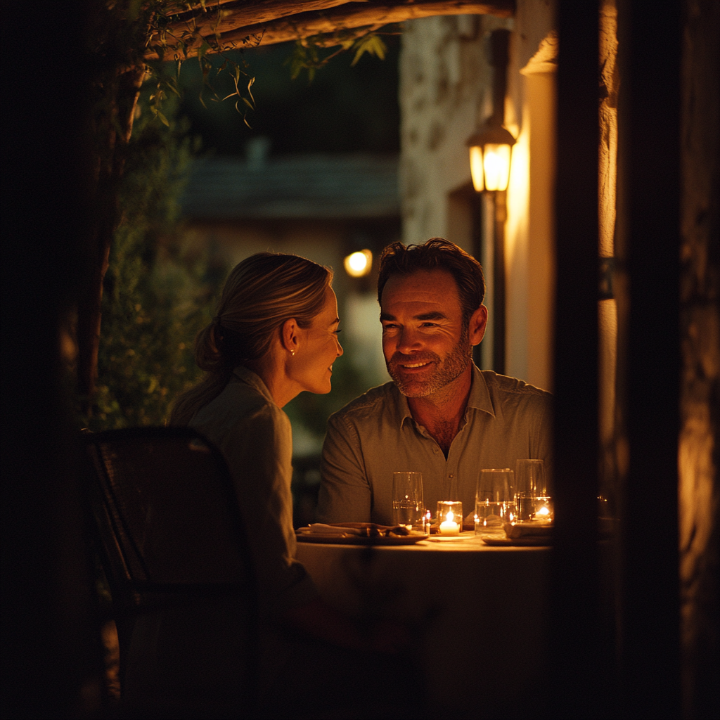 Un homme et une femme partageant un repas aux chandelles | Source : Midjourney