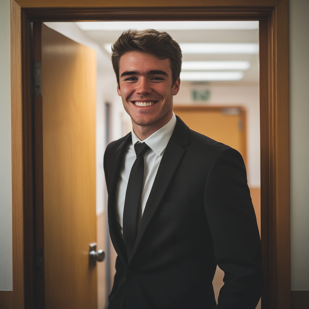 Un jeune homme à succès en costume souriant | Source : Midjourney