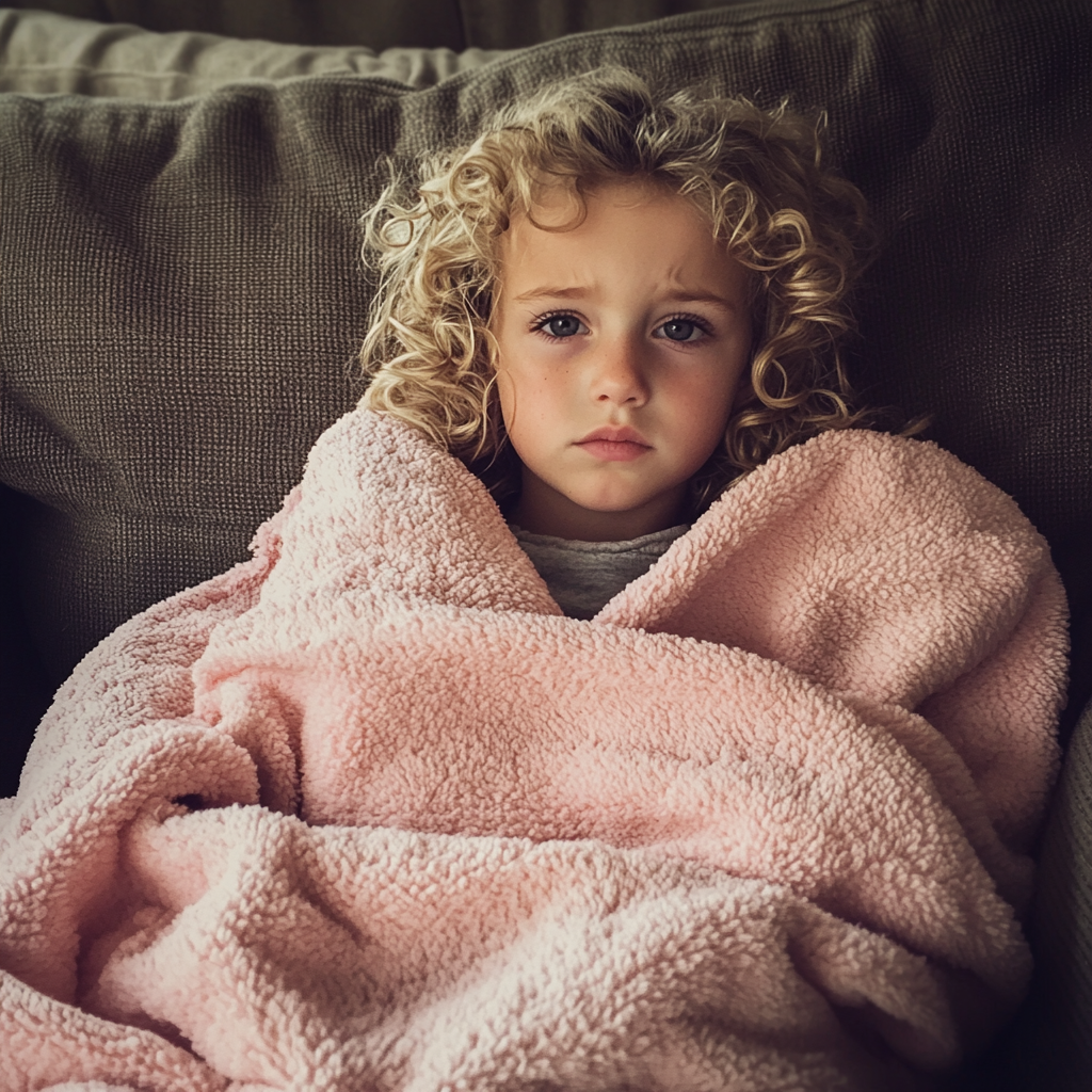 Une petite fille assise sur un canapé enveloppée dans une couverture rose | Source : Midjourney