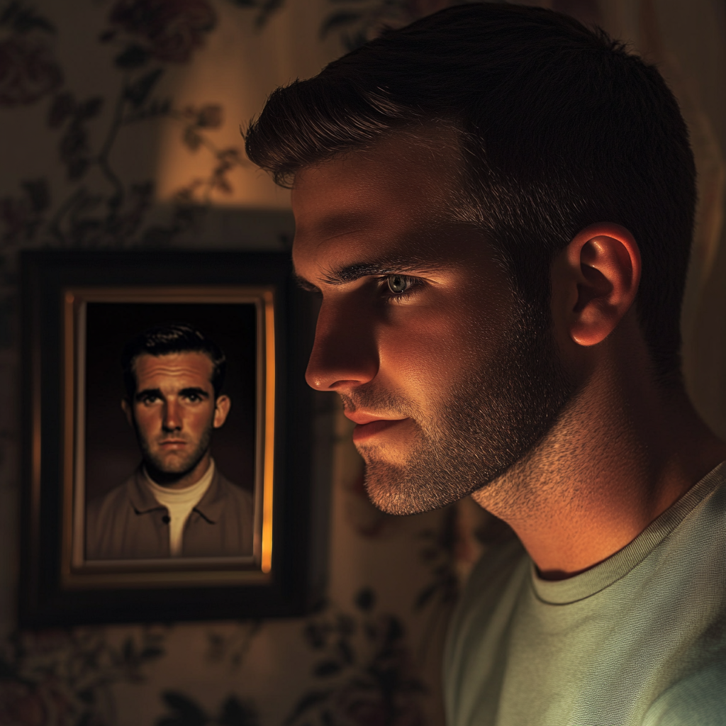 A man standing next to a framed photo of his double | Source: Midjourney