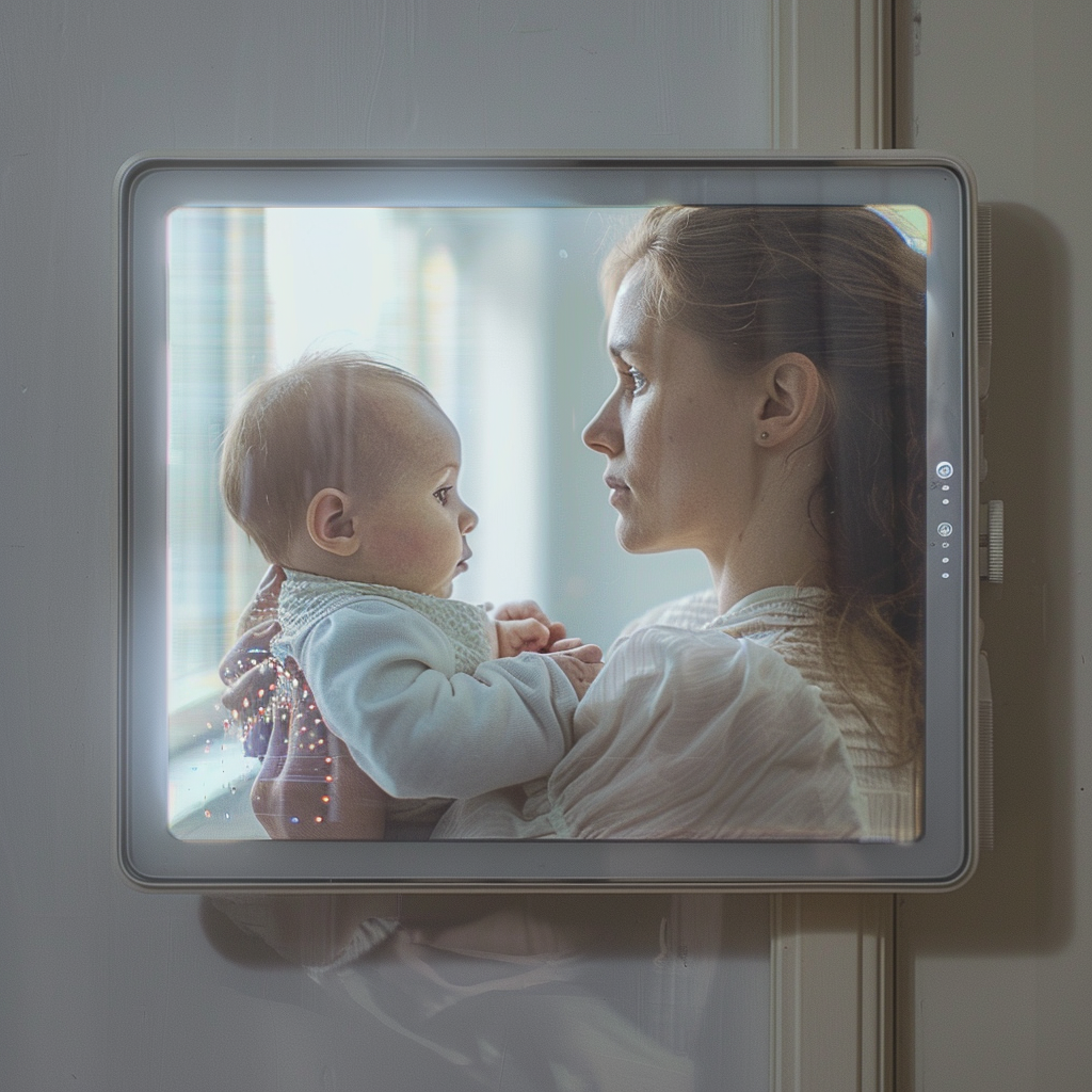 Femme avec un bébé sur l'écran de l'interphone | Source : Midjourney