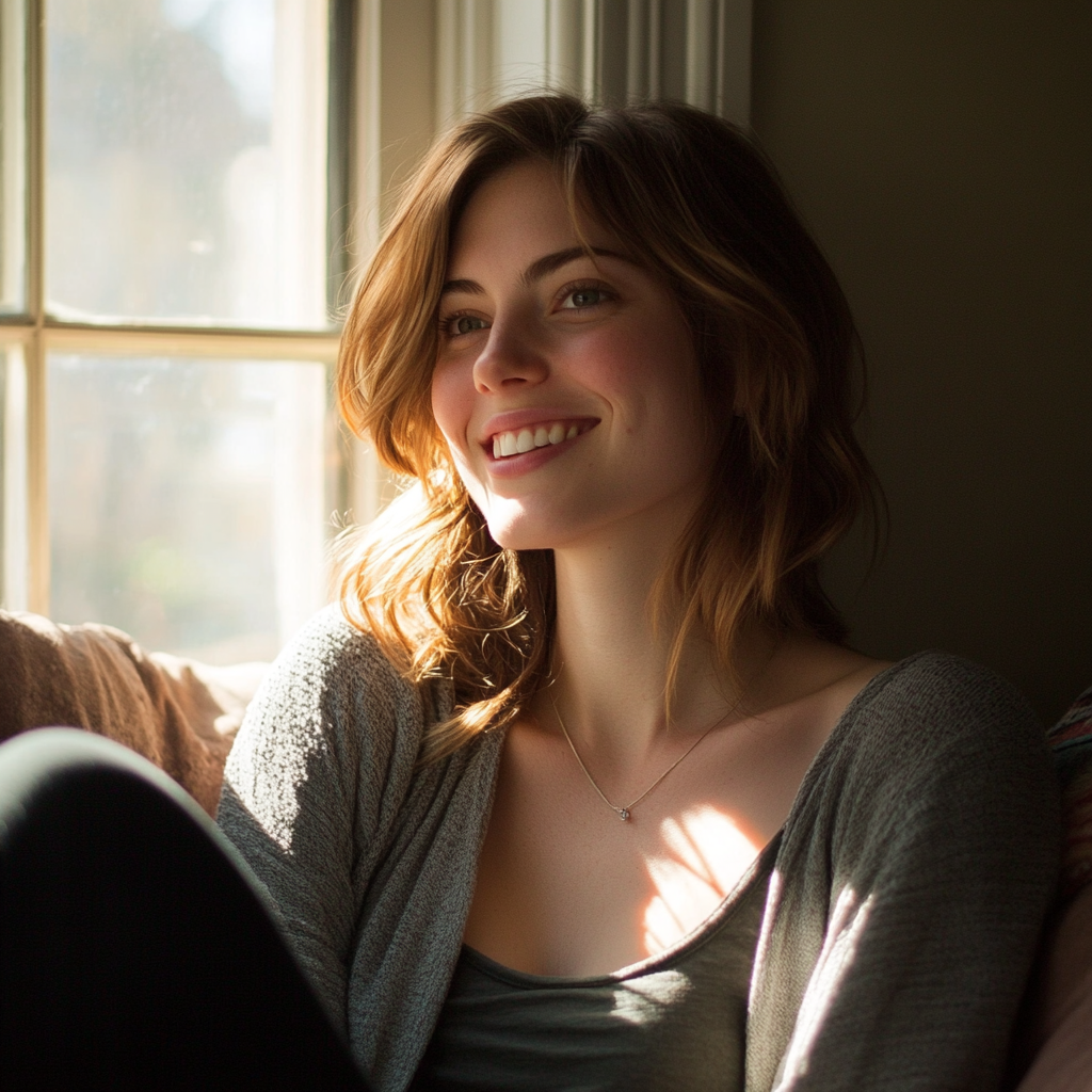 Une femme assise sur un canapé et souriante | Source : Midjourney