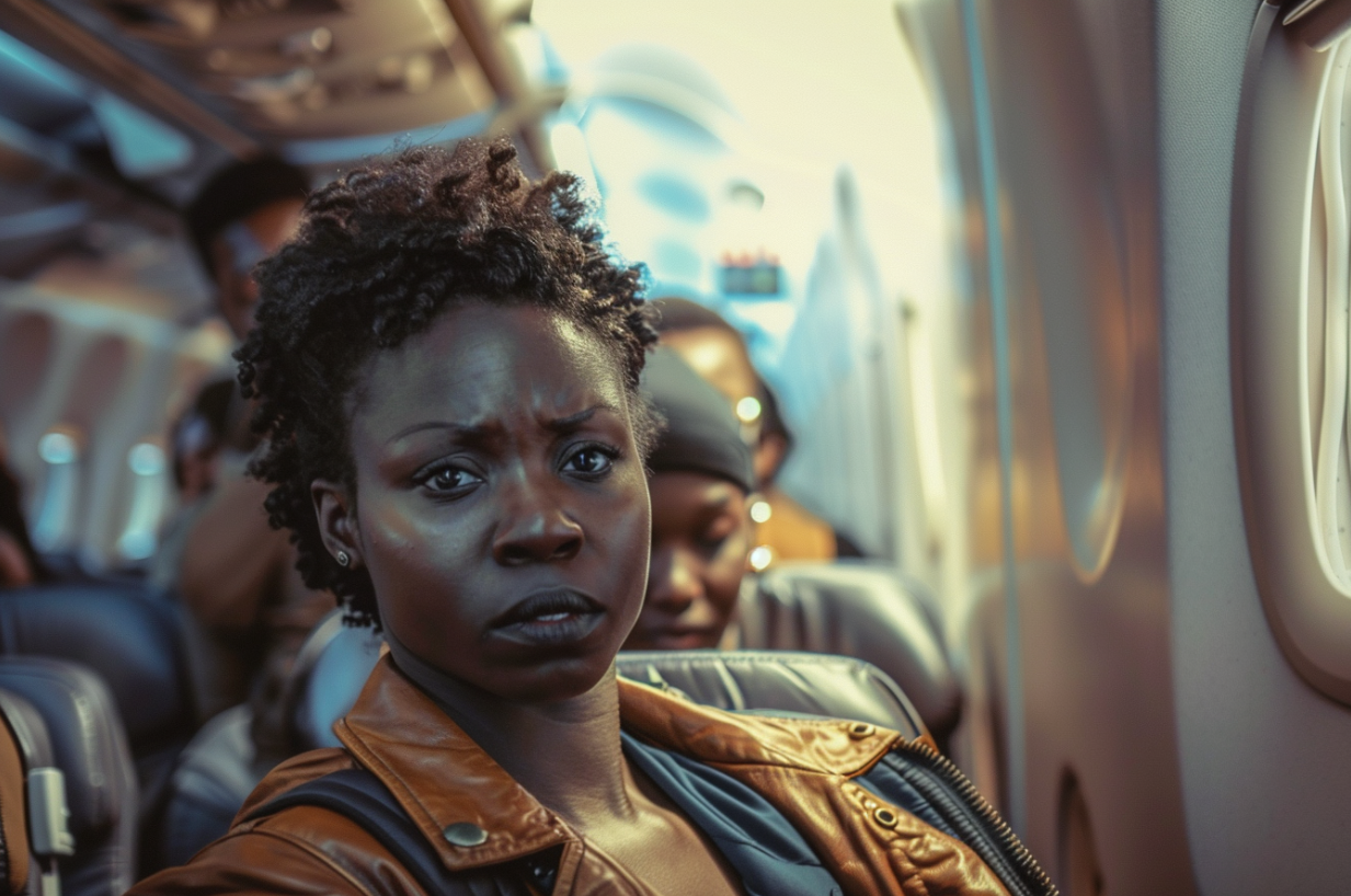 Une femme dans un avion fronce les sourcils | Source : Midjourney