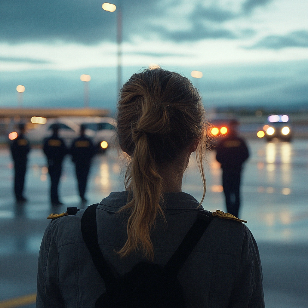 La femme regarde les parents se faire escorter par la sécurité de l'aéroport. | Source : Midjourney