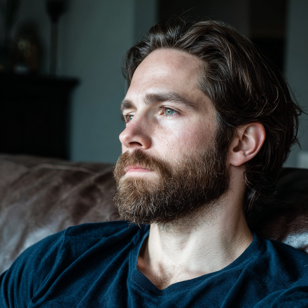 Gros plan sur un homme vêtu d'un t-shirt bleu marine | Source : Midjourney