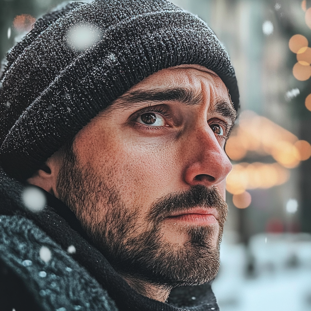 Un homme triste à l'extérieur par un jour de neige | Source : Midjourney