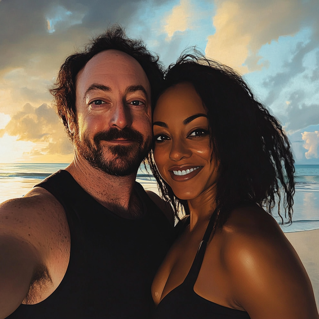 Un couple prenant un selfie à la plage | Source : Midjourney