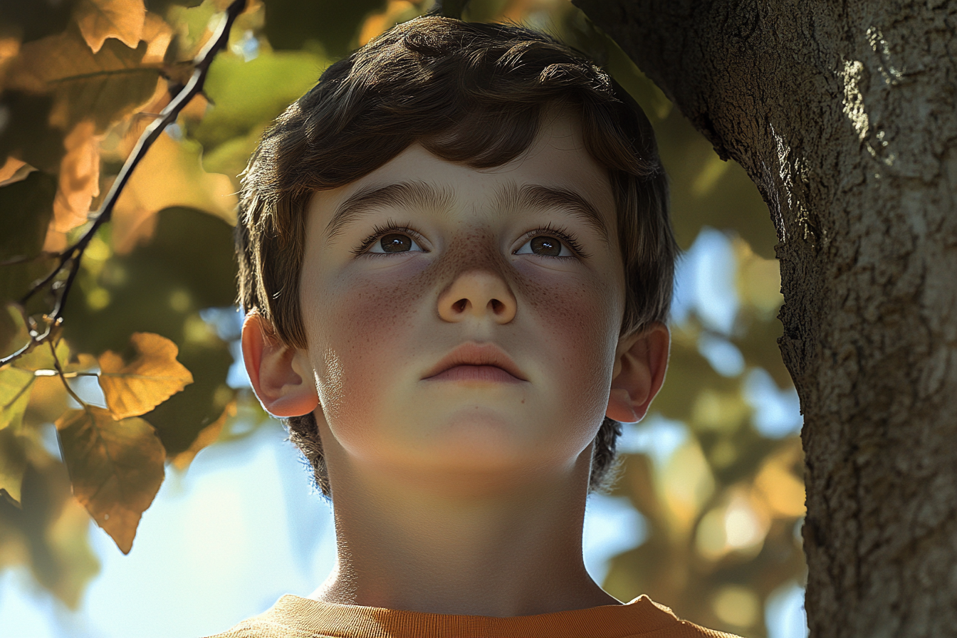 Un garçon debout sous un arbre | Source : Midjourney