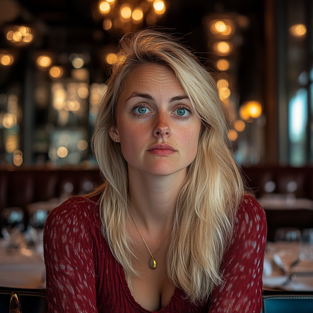 Une femme regarde quelqu'un alors qu'elle est assise dans un restaurant haut de gamme | Source : Midjourney