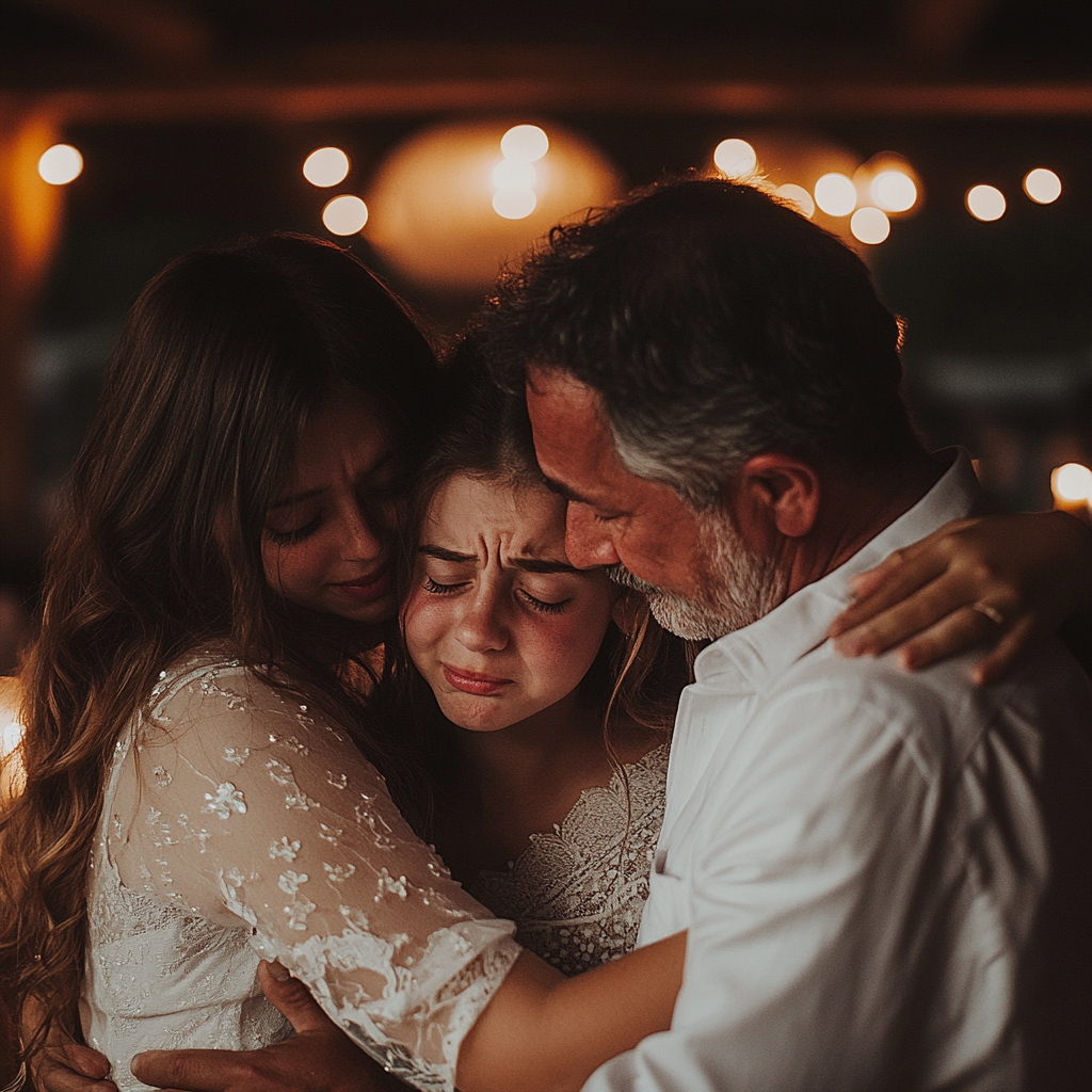 Une fille qui serre son père et sa sœur dans ses bras | Source : Midjourney