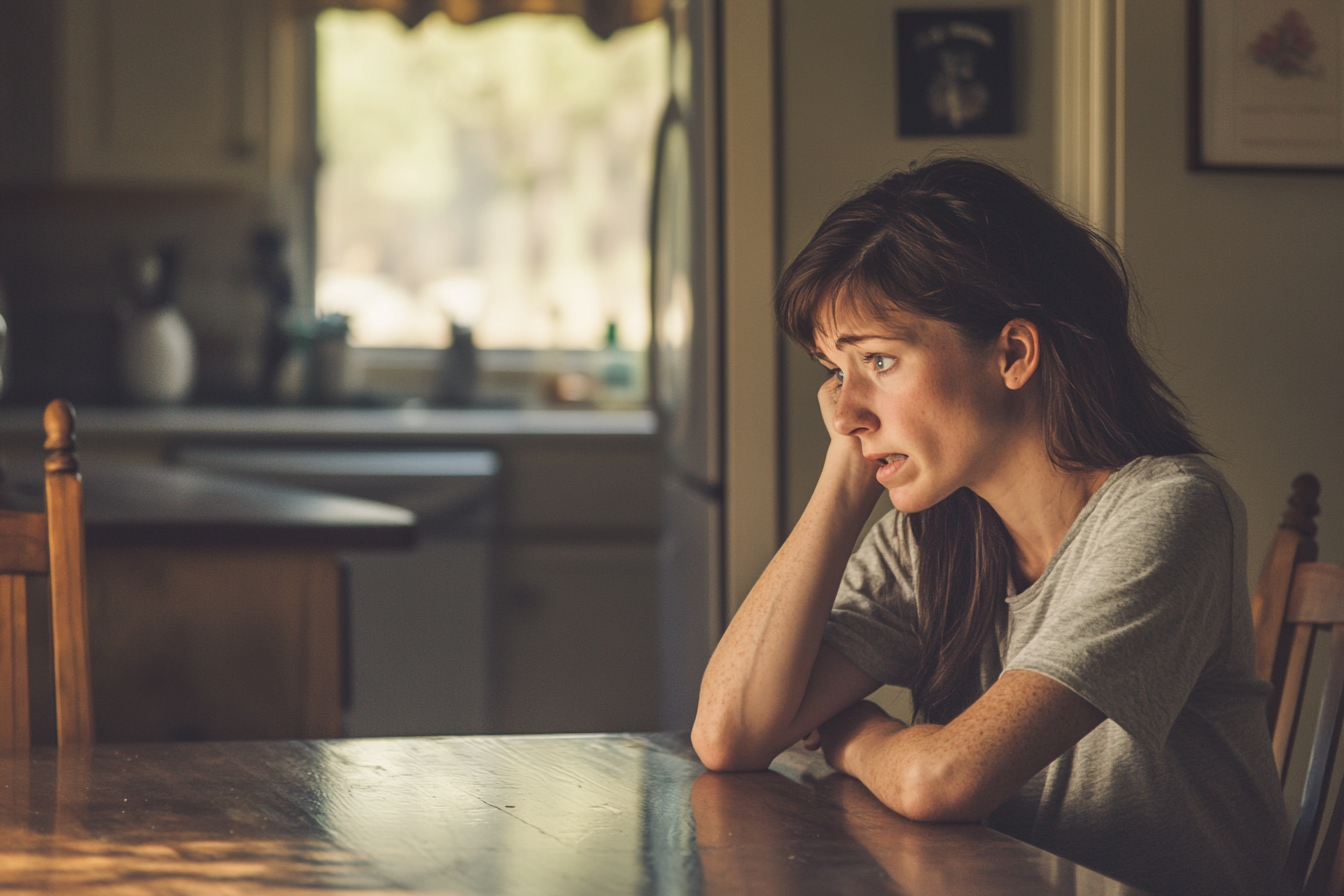 Une femme triste assise à une table de cuisine | Source : Midjourney