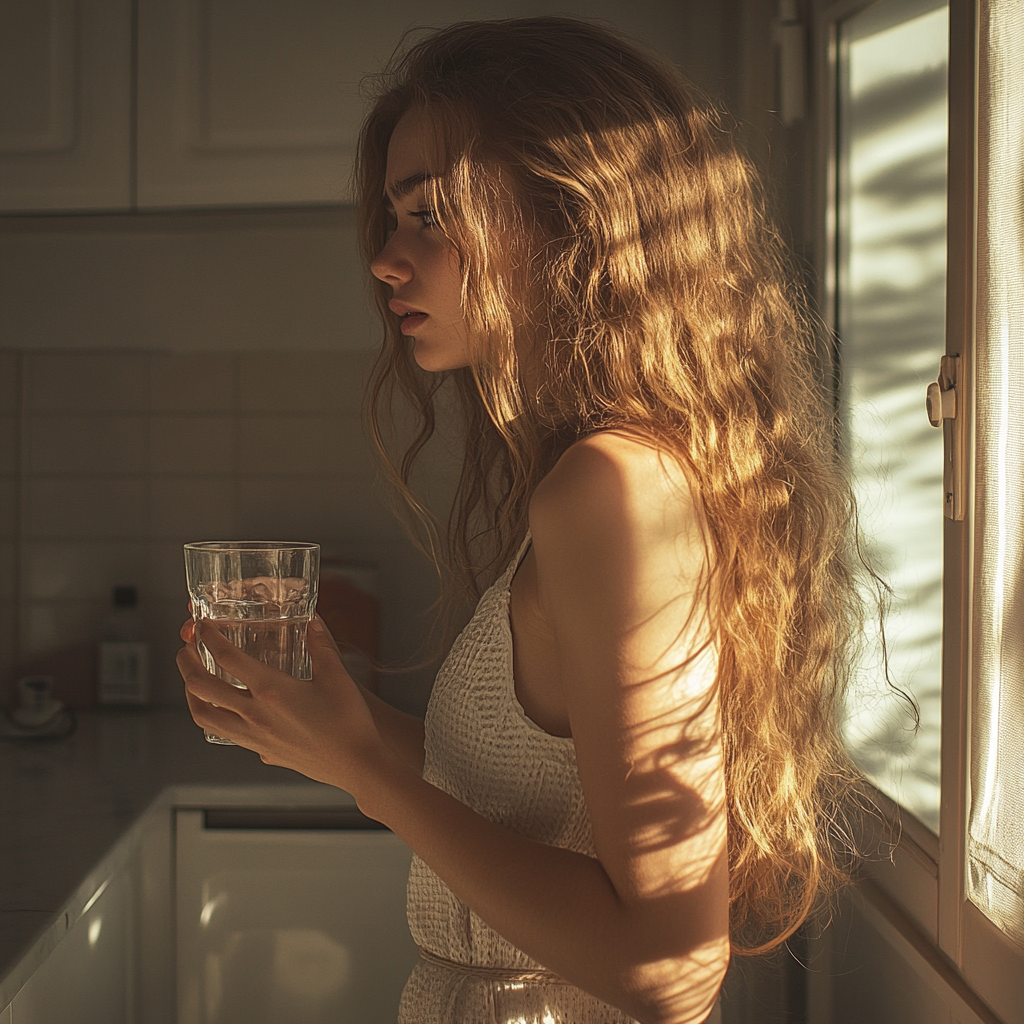 Une femme nerveuse avec un verre d'eau | Source : Midjourney