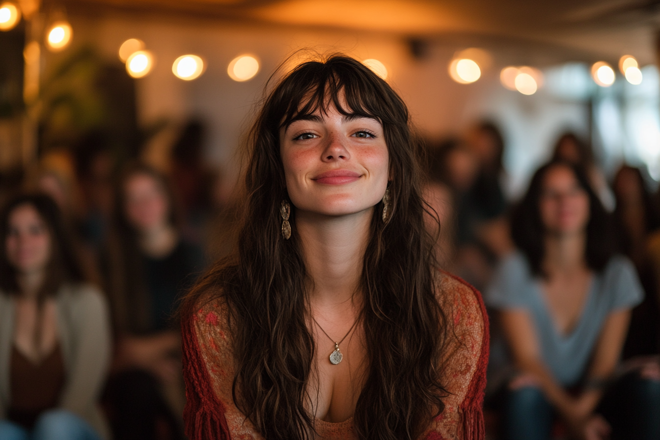 Jeune femme, légèrement souriante, assise, au centre de l'attention | Source : Midjourney