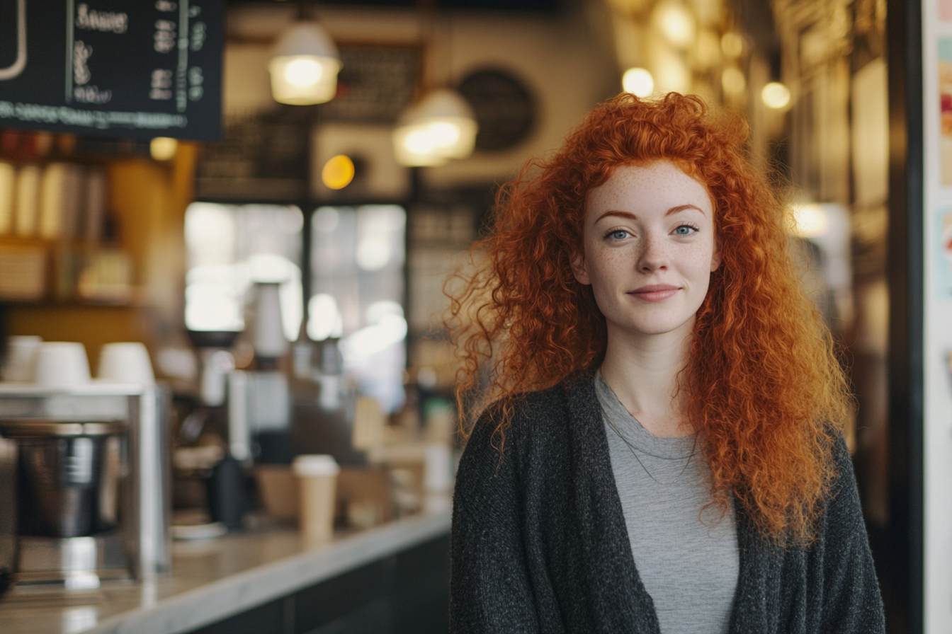 A woman smiles while sitting in a cafe | Source: Midjourney