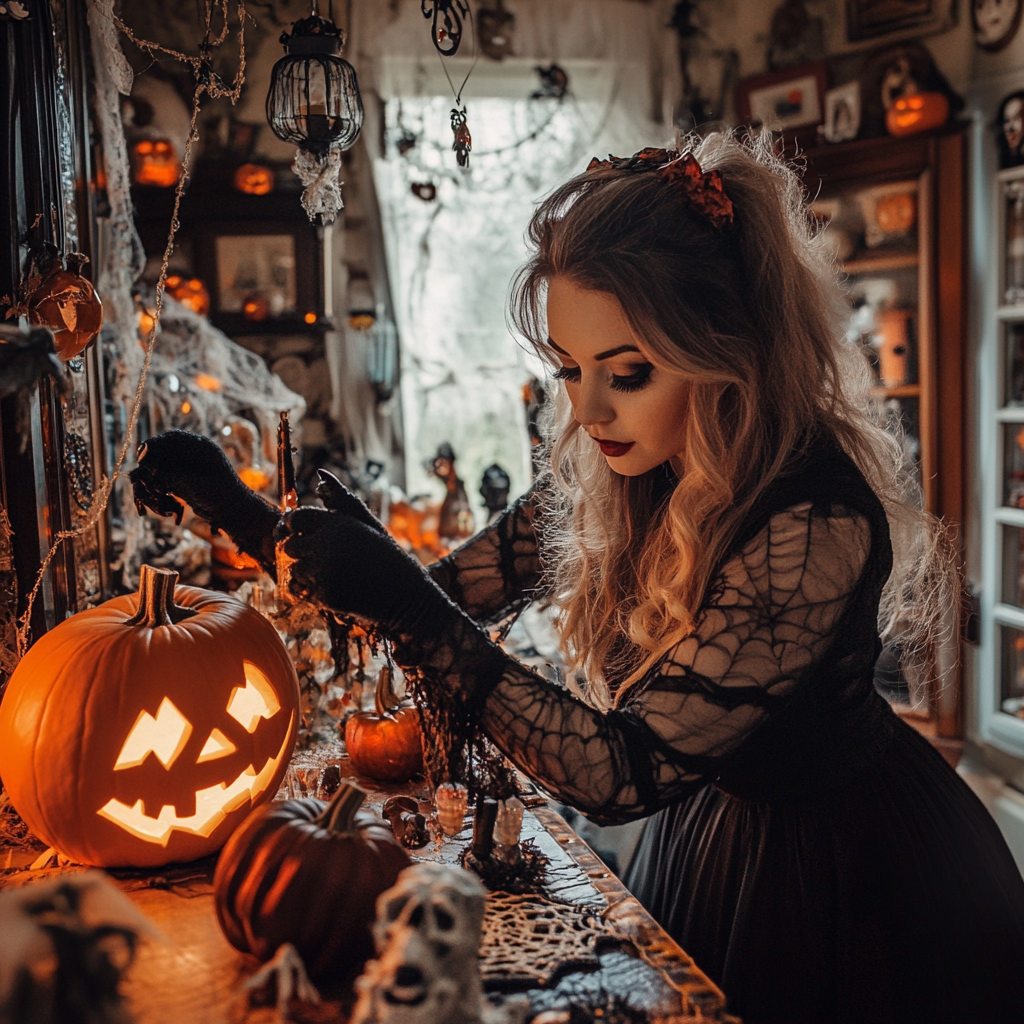 Femme décorant sa maison pour Halloween | Source : Midjourney