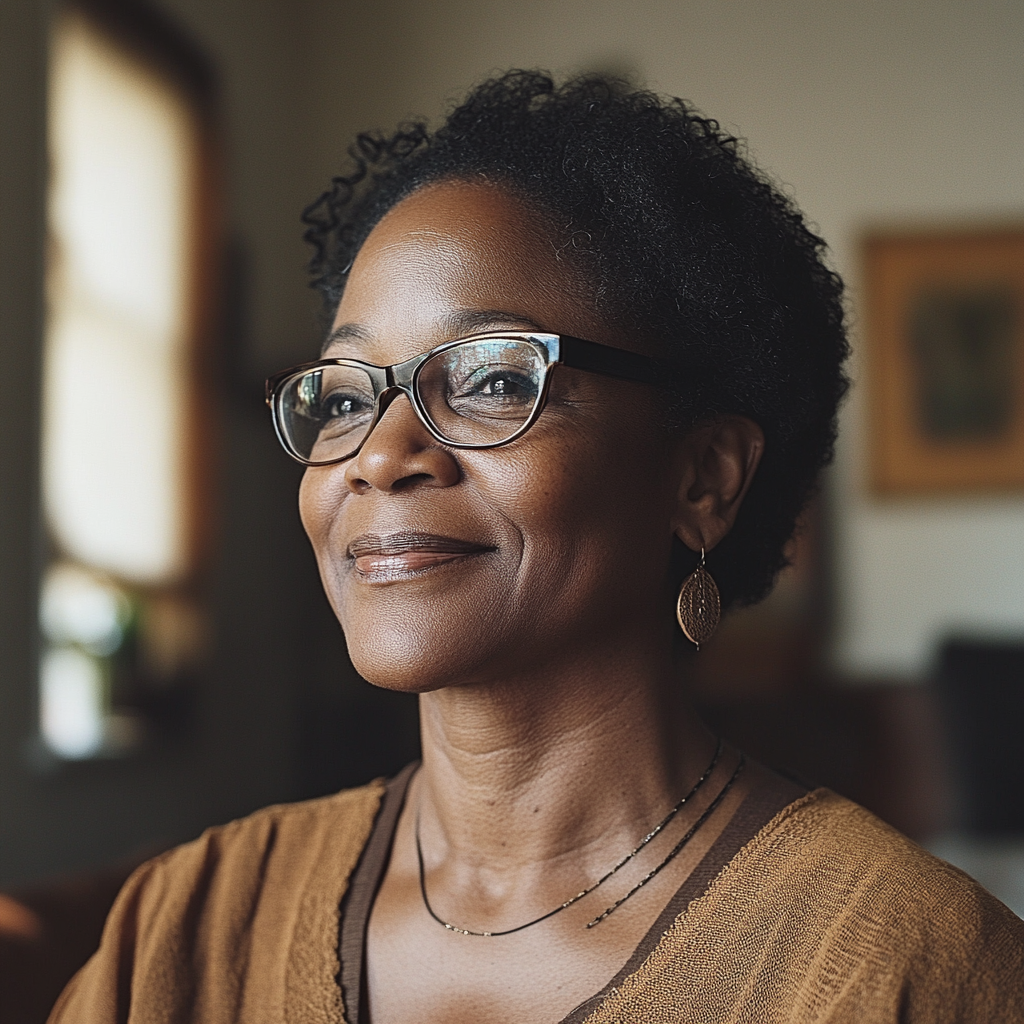 Une femme souriante dans son salon | Source : Midjourney