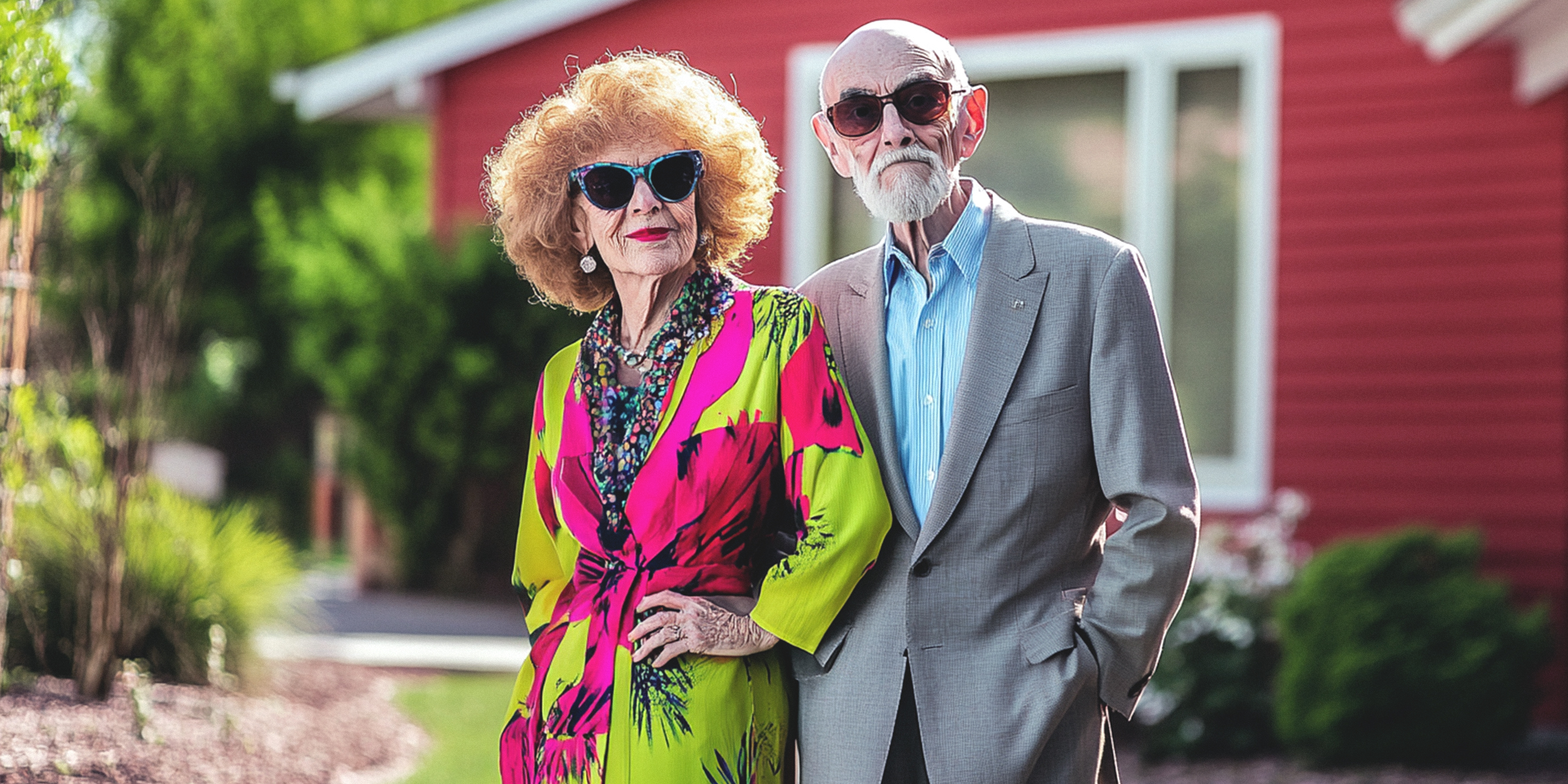 Couple de personnes âgées debout devant la maison | Source : Midjourney