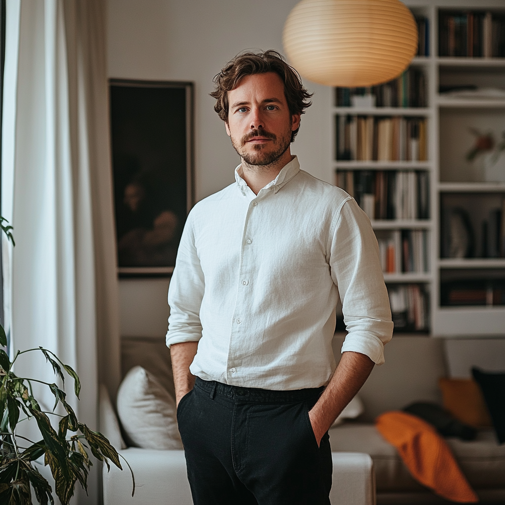 Un homme debout dans un salon | Source : Midjourney