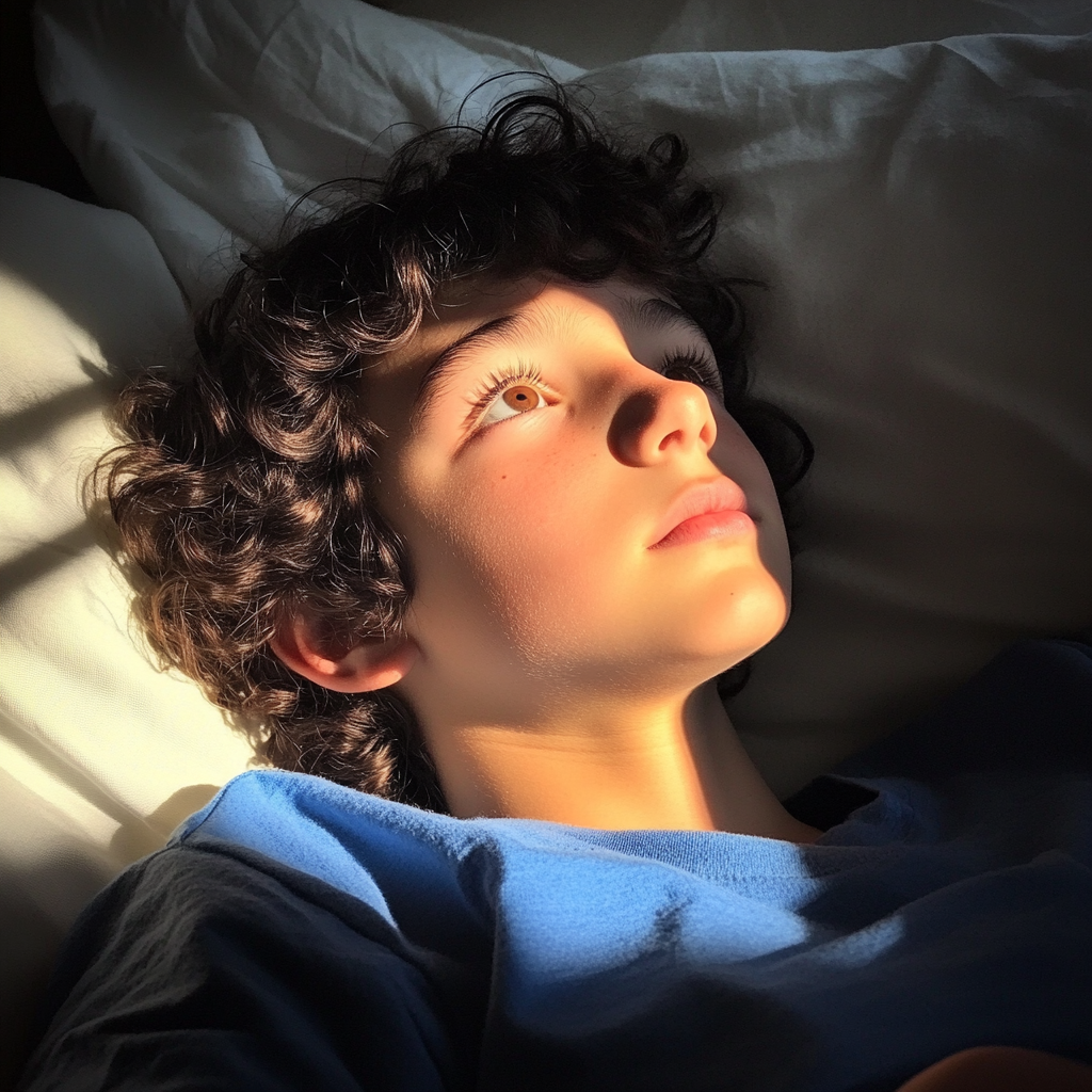 Un petit garçon allongé sur son lit | Source : Midjourney