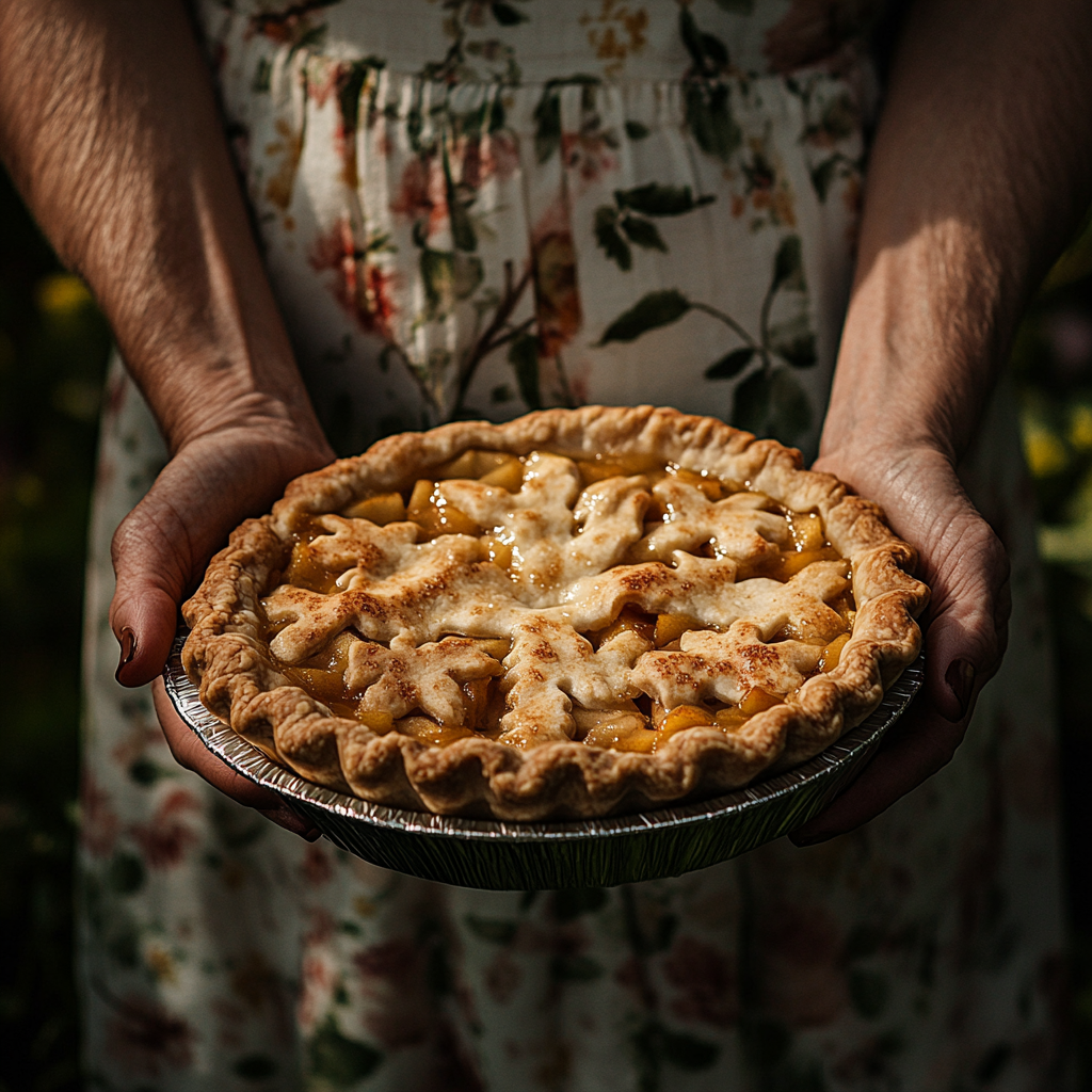 Gros plan d'une femme âgée tenant une assiette de tarte aux pommes | Source : Midjourney