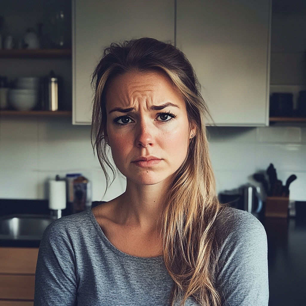 Une femme bouleversée debout dans une cuisine | Source : Midjourney