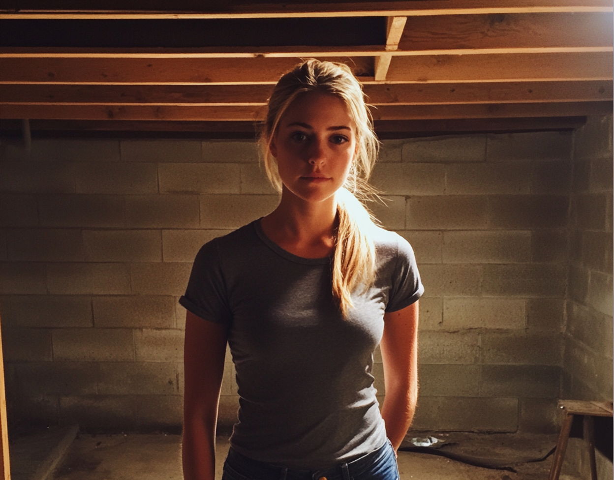 Une jeune femme debout dans un sous-sol | Source : Midjourney