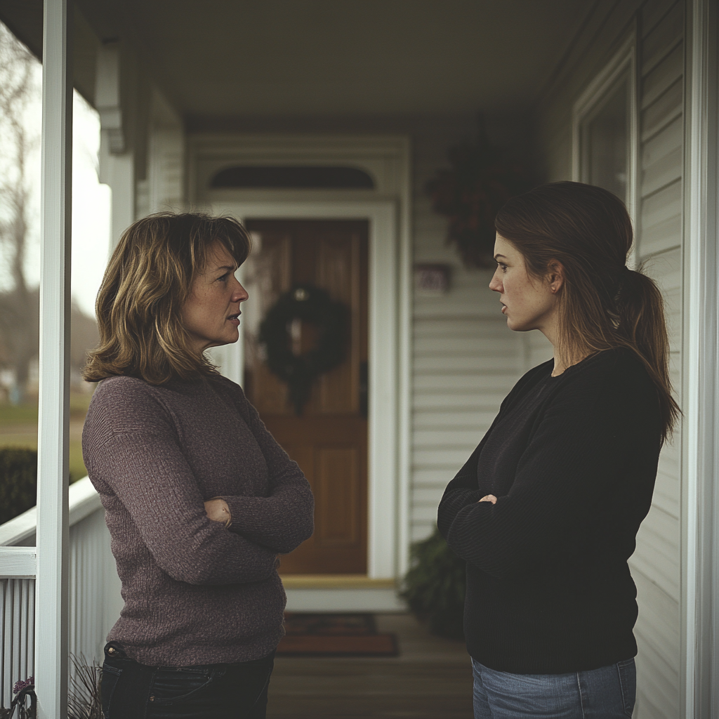 Deux femmes se disputent sous un porche | Source : Midjourney